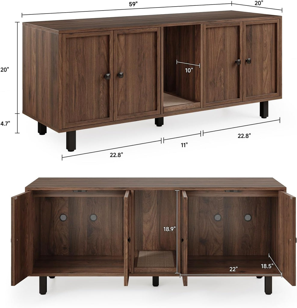 59 Inches Cat Litter Box Enclosure for 2 Cats, Walnut