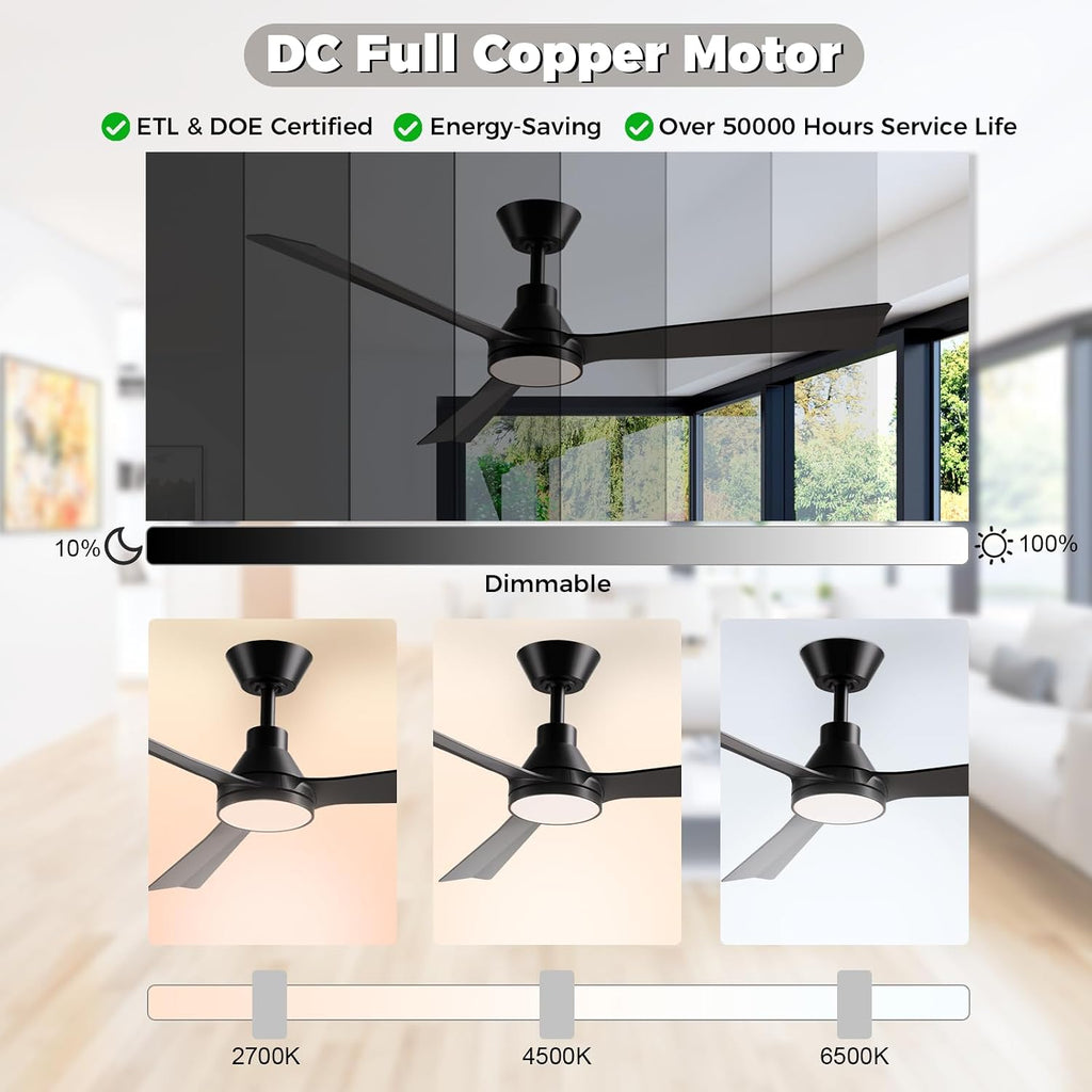 52 Inch Ceiling Fans with Lights and Remote, ETL Quiet Reversible DC Full Copper Motor, 2 Downrods, 3 CCT Dimmable, 6 Speeds Outdoor Ceiling Fans for Patios Porch Bedroom Living Room Black A101-B0DFVZYT54