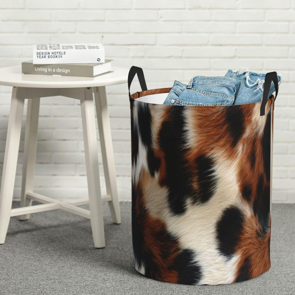 Brown Cowhide Laundry Basket Laundry Hamper With Handles Collapsible Laundry Baskets Storage Basket For Room Bathroom