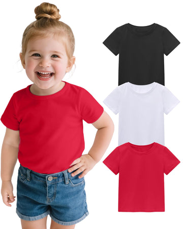 3 Pack Toddler Girls Short Sleeve Shirts Soft Cotton Basic Tee Shirt Black+White+Red