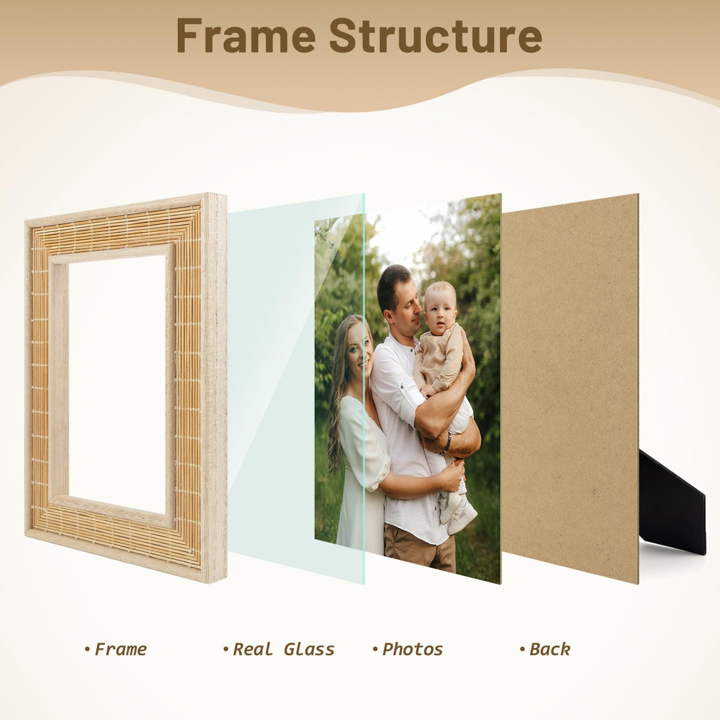4x6 Bamboo Woven Picture Frame, Boho, Real Glass