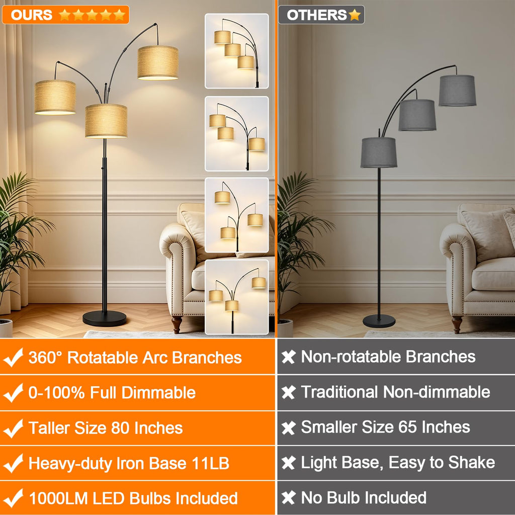 Dimmable Floor Lamp, 3 Lights, Gold Arc, Champagne