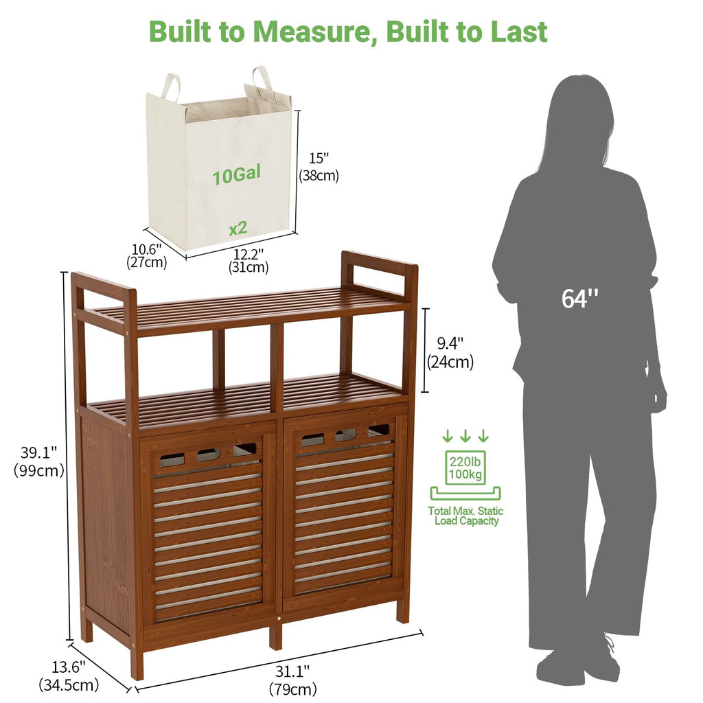 Bamboo Double Tilt Out Laundry Hamper Cabinet with 2 Bags, Walnut
