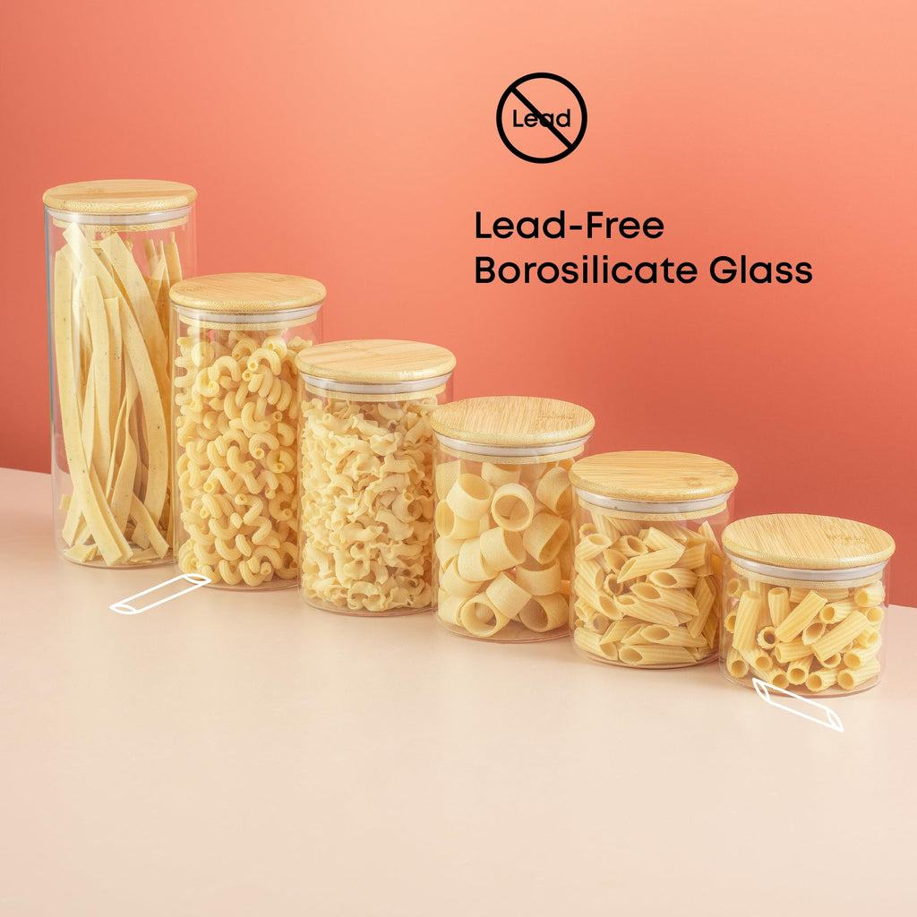 Borosilicate Glass Jars With Bamboo Lids. 6 Pc Set of Air Tight Sealable Containers. Food Jar Canisters with Airtight