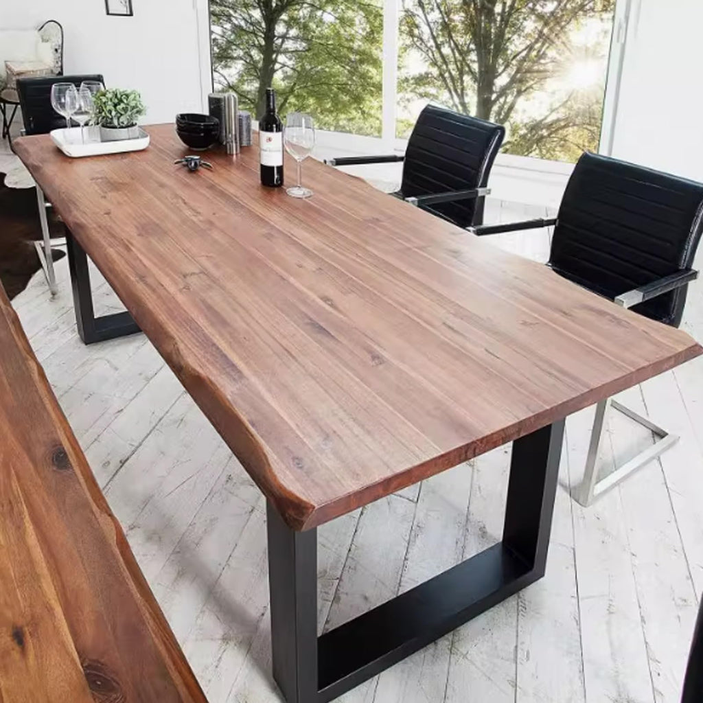 Industrial Solid Wood Dining Table, Rectangle Live Edge Kitchen Table, Rustic Pine Table Top & Metal Base, Large Long