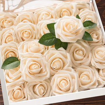 Artificial Flowers Champagne Roses W/Stem, Rustic Farmhouse Decor Wedding Kitchen and Office Ideal Bridal Shower