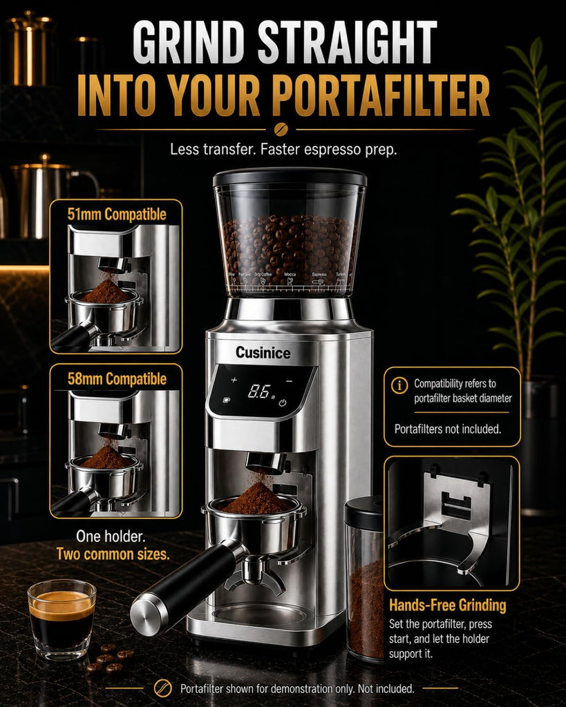 Conical Burr Coffee Grinder, Anti-Static, 0.1s Single/Double Shot Timer | 34 Grind Settings, Smart Memory, Custom