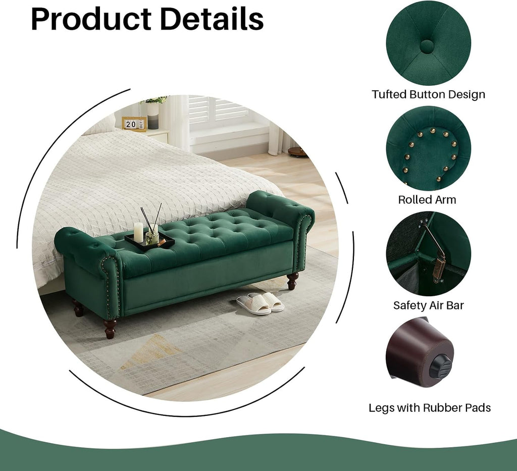 58.1" Storage Bench , Velvet Upholstered, Dark Green | End of Bedroom Bed Bench Ottoman with Tufted Cushioned Rolled