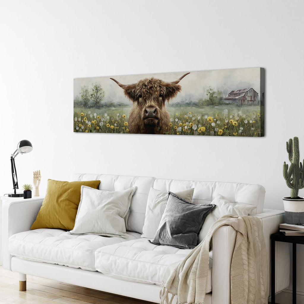 Farmhouse Highland Cow Wall Art Abstract Country Dandelion Picture Barn Longhorn Cattle Wall Decor Western Flower