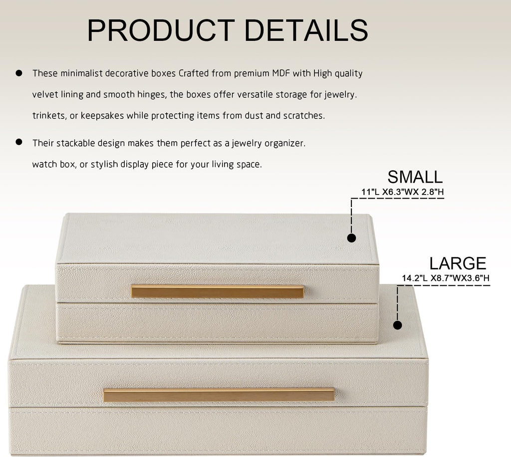 Beige Shagreen Decorative Storage Boxes with Gold Metal Handles - Faux Leather Jewelry & Memory Boxes - Set of 2