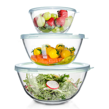 Glass Mixing Bowls Glass Bowls with Lids Set(4.5QT,2.7QT, 1.1QT),Large Salad Bowls,glass mixing bowl Space-Saving