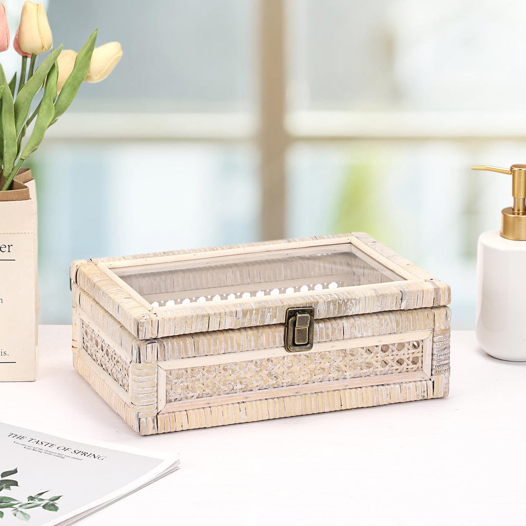 Decorative Storage Basket with Lid Handwoven Rattan Box, 11"x7.1"x4"