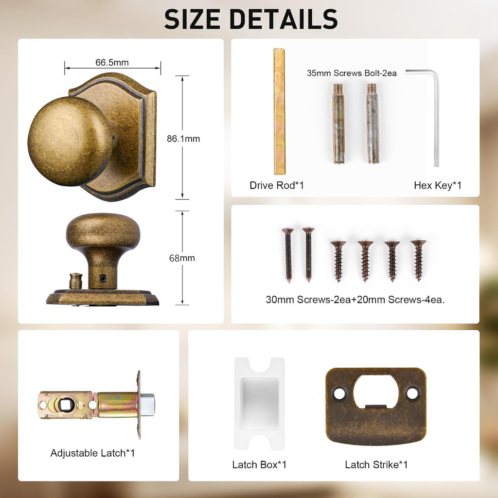 Vintage Antique Brass Passage Door Knob Interior, Zinc Alloy
