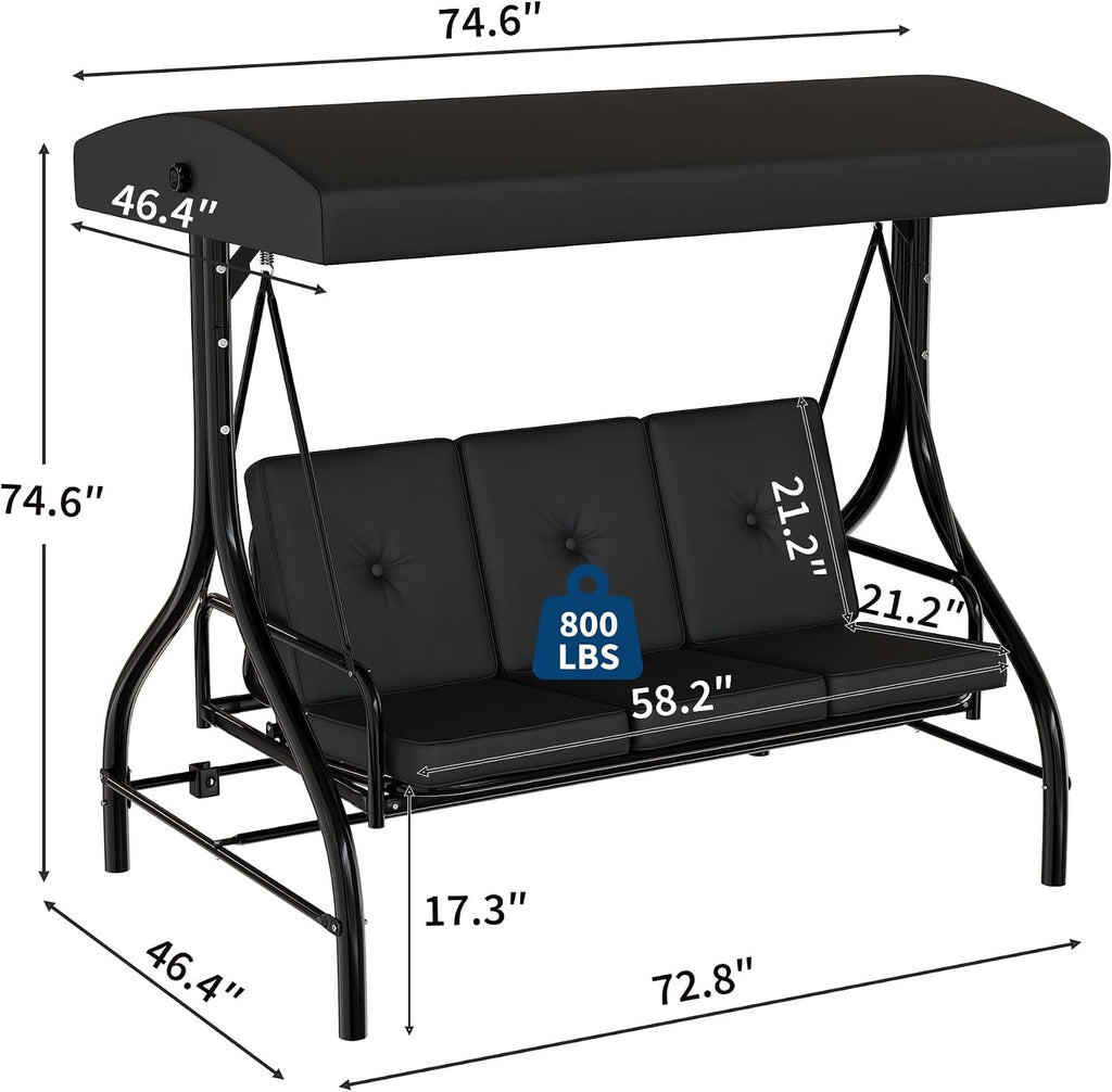 3 Seater Outdoor Porch Swing with Stand for Adults, 2-in-1 Convertible Design Patio Swing, Thick Soft Cushion &