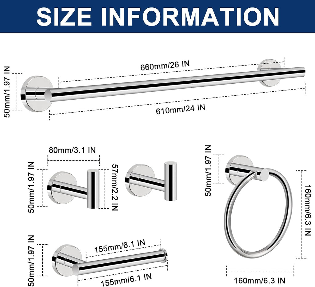 5 Pieces Bathroom Hardware Set SUS304 Thicken Stainless Steel-Towel Rack Kit Include 24" Towel Rod + Bath Towel Ring