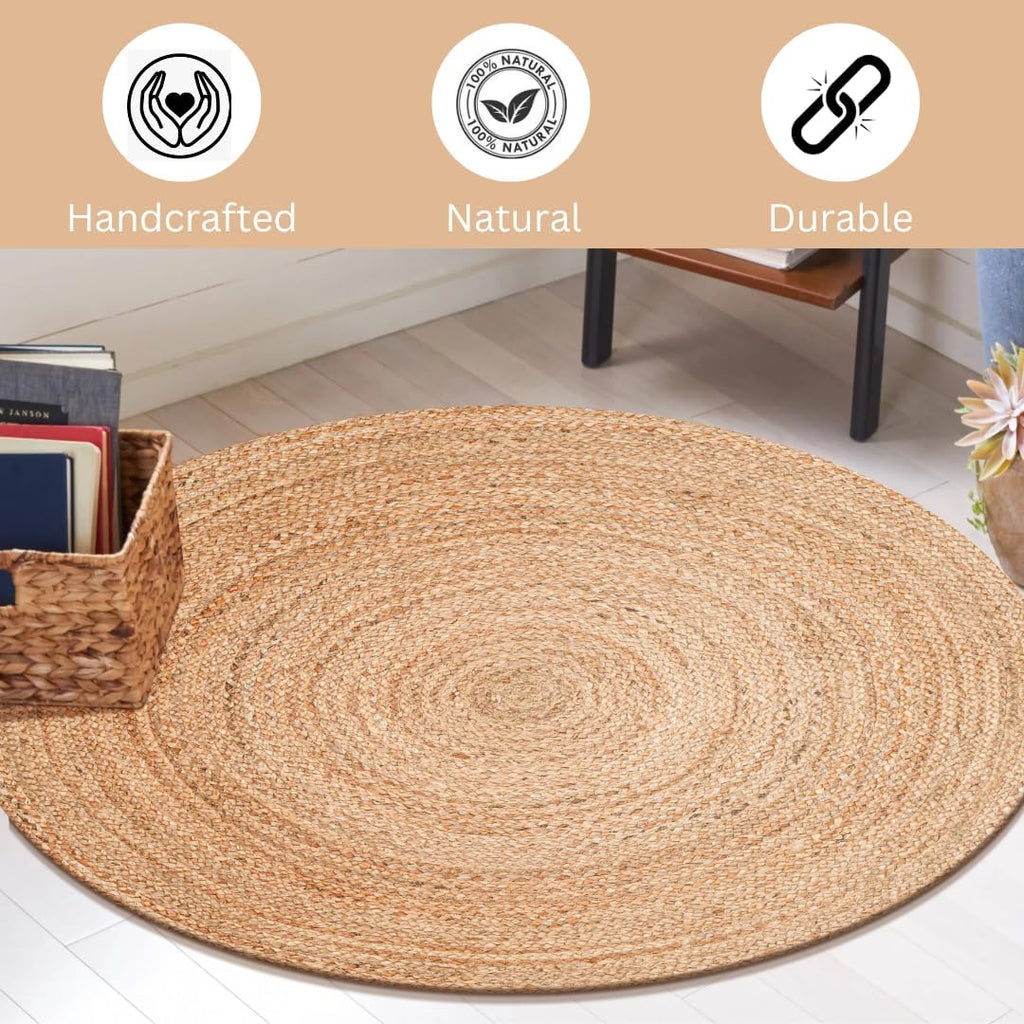 Handcrafted Jute Braided Rug 8 Feet Round - 100% Natural Jute Area Rug - Rustic Farmhouse Boho Accent Rug Bedroom