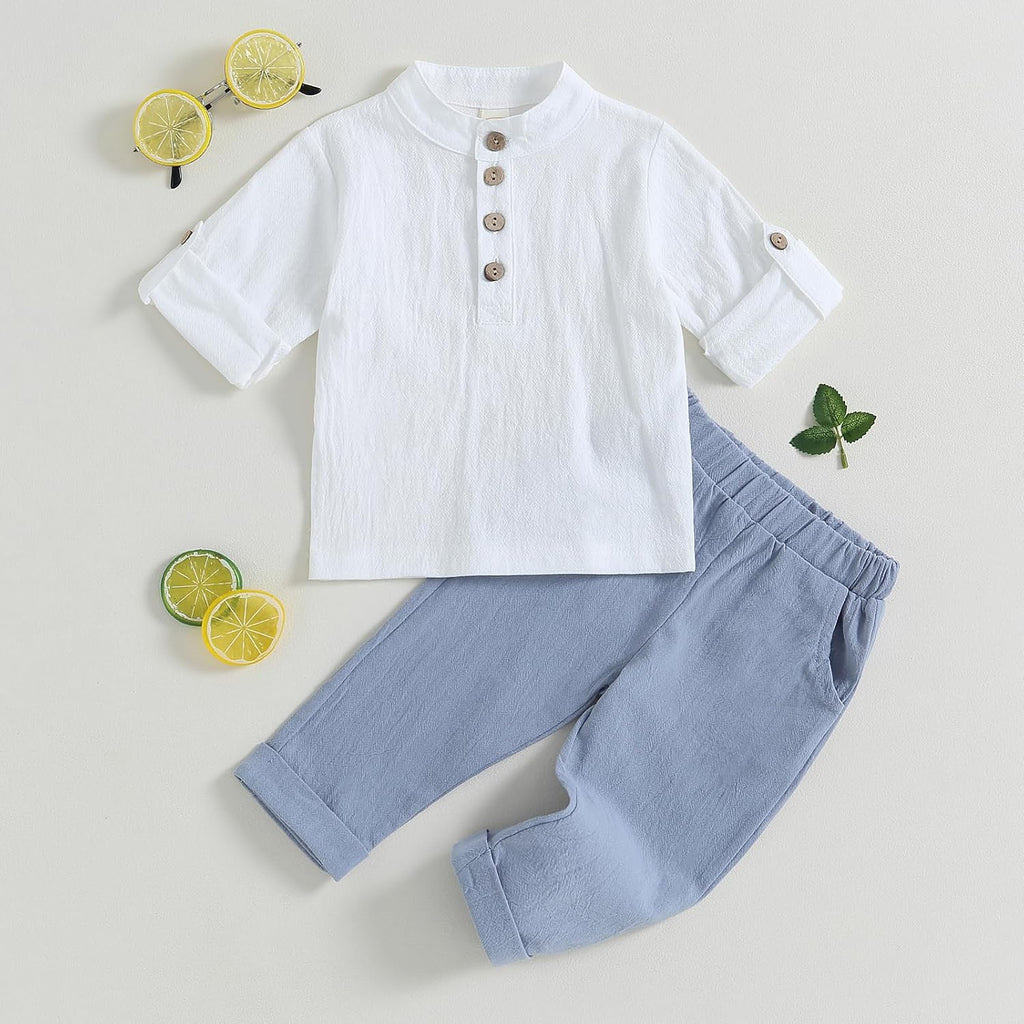 Toddler Baby Boy Clothes Cotton Linen Henley Shirts Button Down Long Sleeve Shirts Casual Pants Set