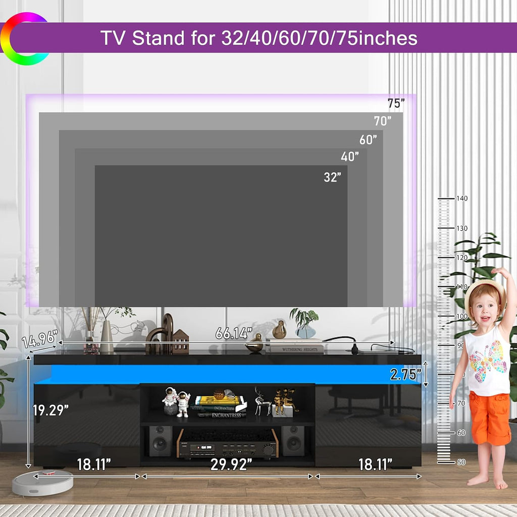 LED TV Stand for 75 Inch TV, Modern TV Stand with Power Outlet, High Gloss TV Console Entertainment Center with