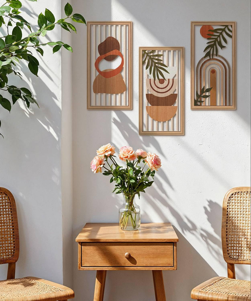 Boho Wall Art Set of 3, Modern Minimalist Wooden Wall Decor, Abstract Aesthetic Room Decorations, Mid-Century Modern