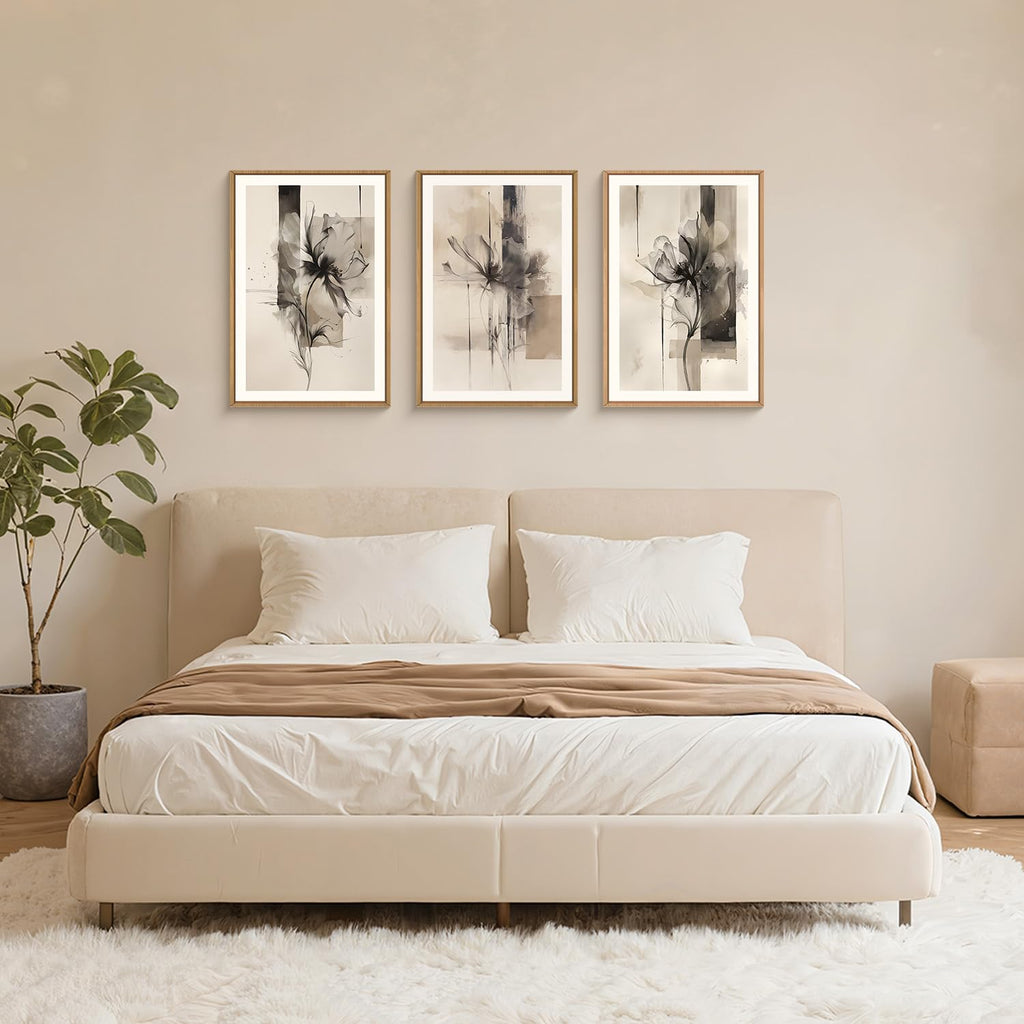 Large Black Beige Floral Canvas Wall Art Set 3, Neutral Abstract Florals Framed Prints, Brushstroke Geometry Line