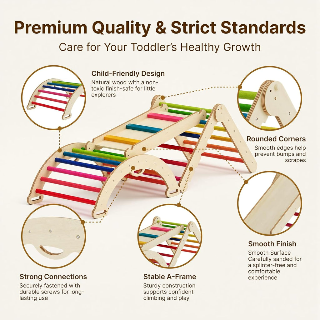 Pikler Triangle Set, Wooden Montessori Climbing Toys for 1-3 Year Old, Foldable in-1 Toddler Baby Indoor Play Gym