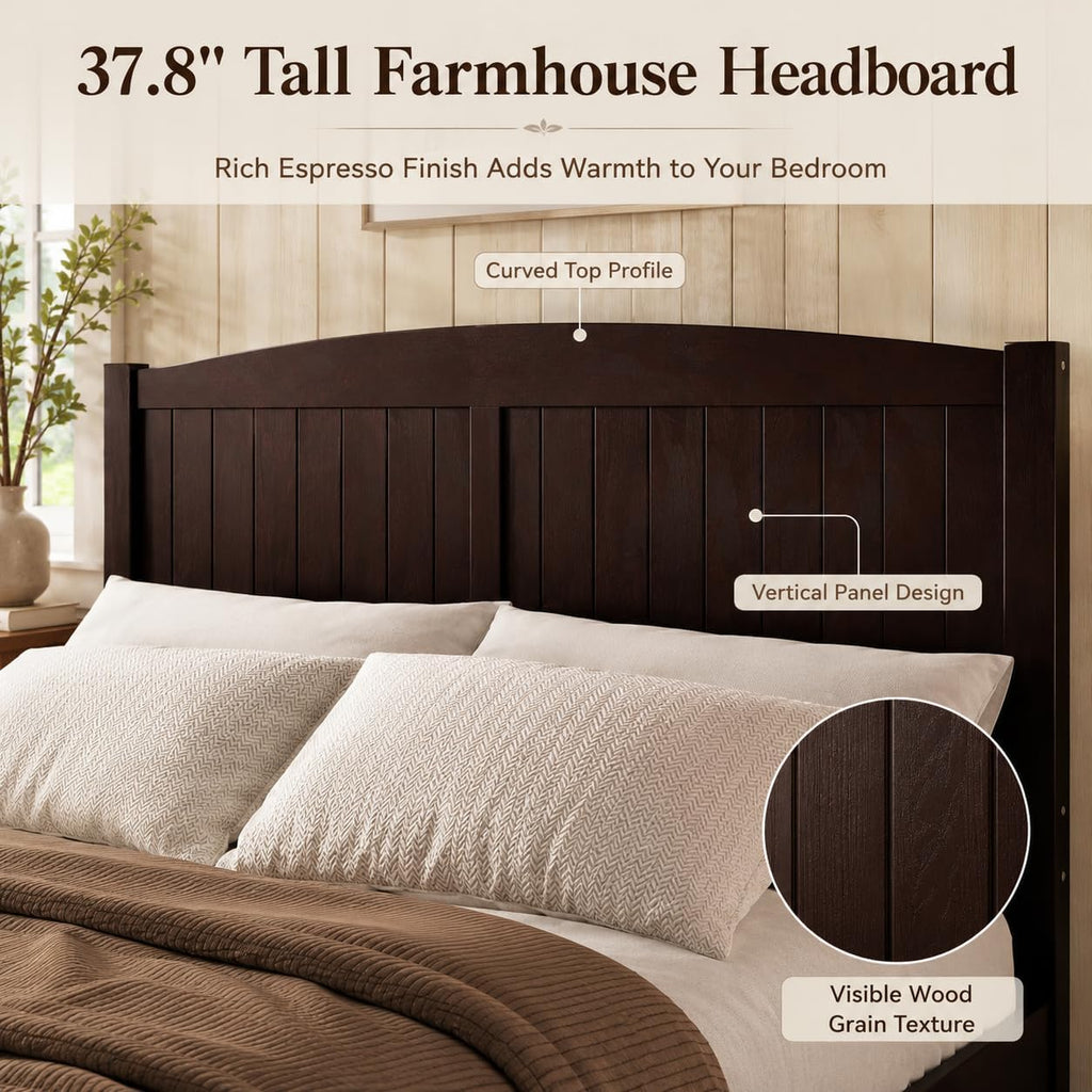 Queen Farmhouse Bed Frame with Headboard & Footboard, Mid Century Modern Bed Frame with Underbed Storage, Antique