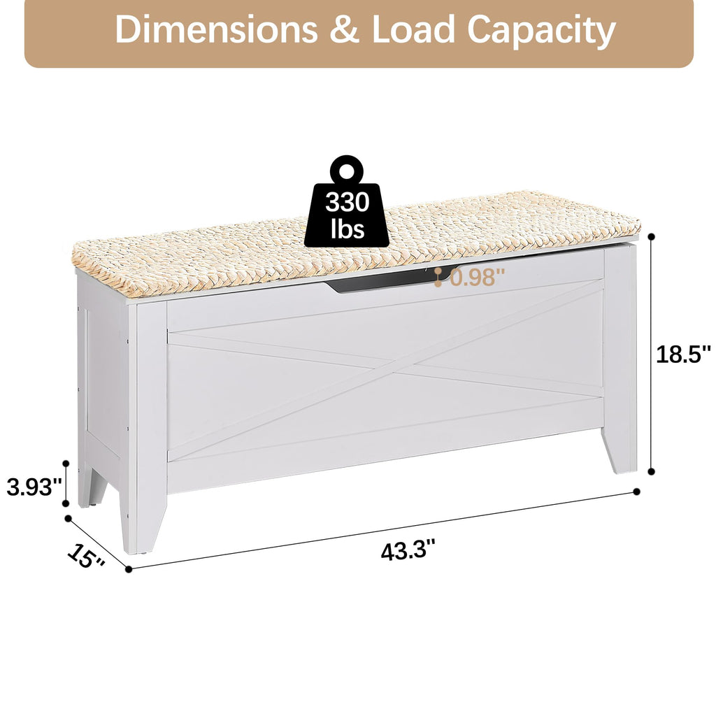 43.3" Storage Bench with Handwoven Wicker Cushion, Lift Top Shoe Bench with Safety Hinges, Ideal, White