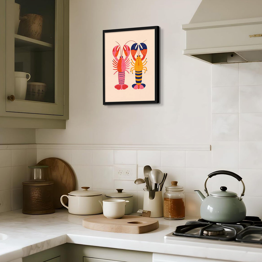 Funny Lobster Wall Art, Framed Coastal Canvas Print, Nautical Seafood Kitchen Decor Pictures Bathroom Beach House