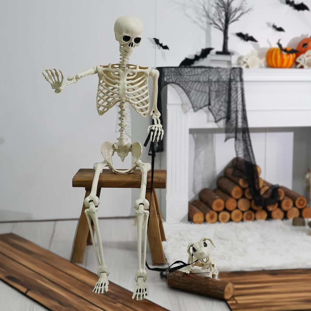 5.4FT Halloween Skeletons Decoration, Posable Life Full Size Skeleton with Dog Skeleton, Realistic Plastic Human - Set of 3