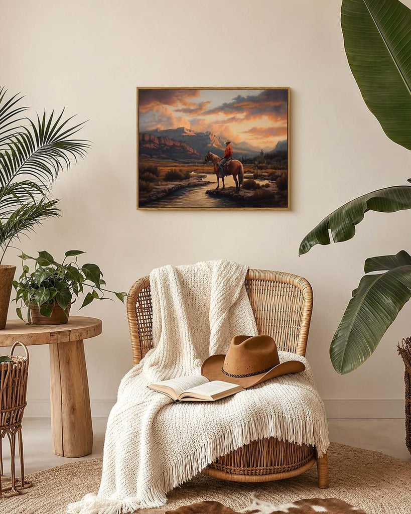 Western Cowboy Framed Canvas Wall Art 16x20 Inch, Horse Rider at Sunset Print Rustic Mountain Landscape Painting