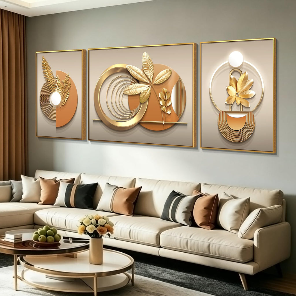 Large Framed Gold Wall Decor, Botanical 3 Piece 75x28 In