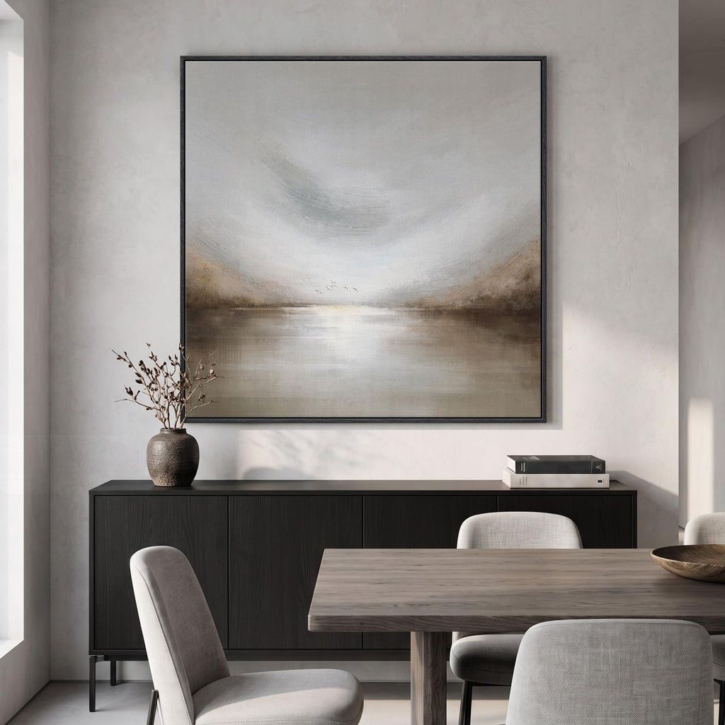 Extra Large Framed Neutral Gray Abstract Landscape Wall Art Decor, 48x48 In