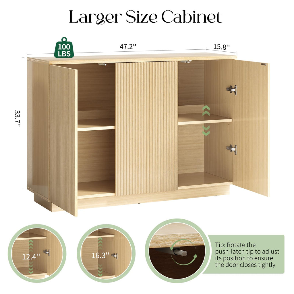Sideboard Buffet Cabinet with Storage - 47" Fluted Coffee Bar Cabinets Credenza with Adjustable Shelves, Accent