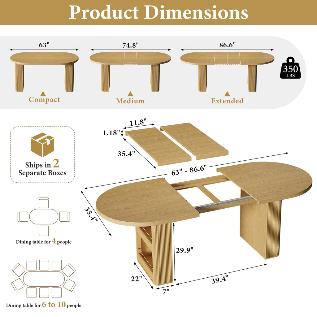 63"-86" Extendable Dining Table for 4-10, Oval Extendable Kitchen Table with Fluted Base, Modern Dining Room Table