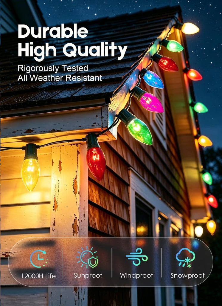 26FT Upgraded Version C9 Christmas String Lights, Waterproof Clear Multicolor String Lights for Indoor and Outdoor