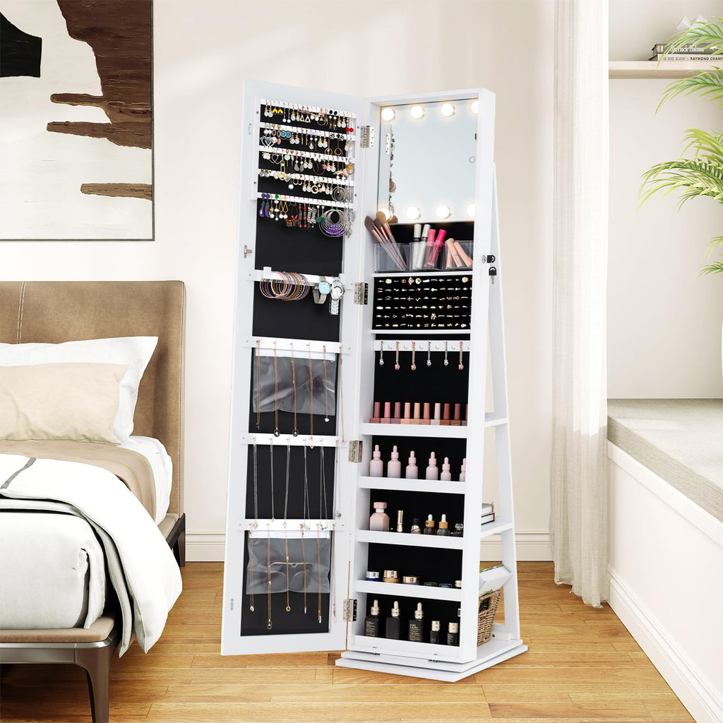 Swivel Jewelry Armoire with Full-Length Mirror & Lighted Makeup Mirror, 360° Rotating Jewelry Cabinet Organizer for