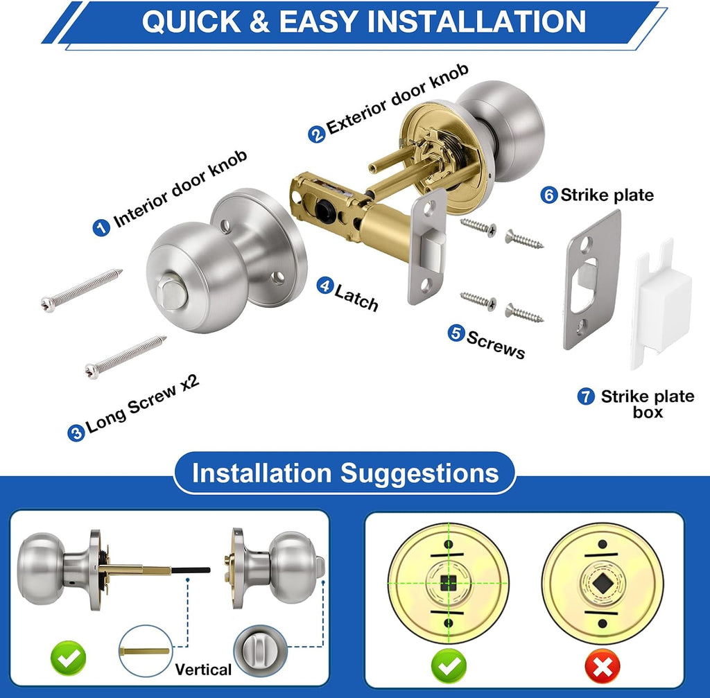 10 Pack Brushed Nickel Door Knobs,Privacy Door Knob with Lock, Interior Doorknobs Silver, Keyless Door Locks Set s