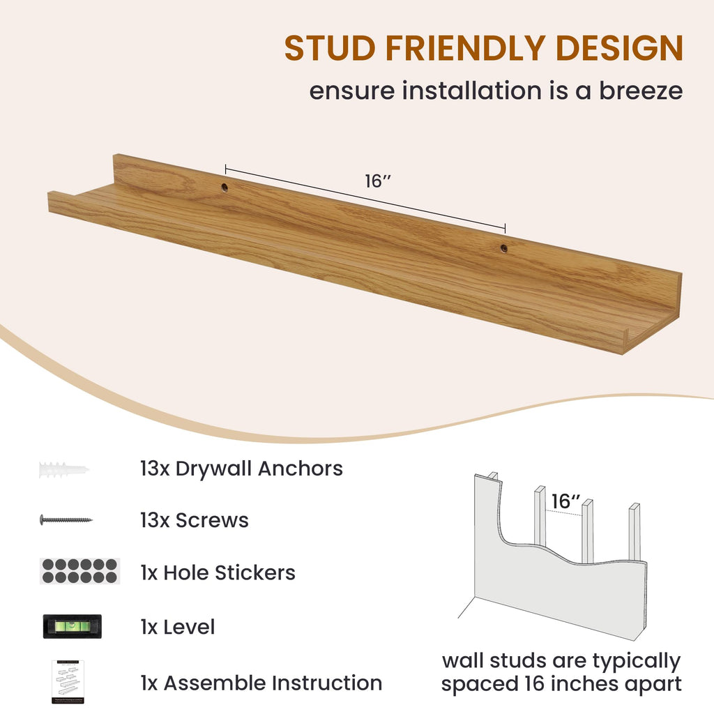Picture Ledge Shelf, Floating Shelves for Wall Decor, Oak, Set of 6, 30''