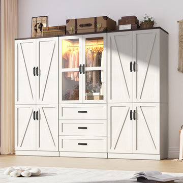 75" Tall Farmhouse 6 Doors Armoire Wardrobe Closet with 3 Drawers and LED, Freestanding Closet Wardrobe Cabinet with