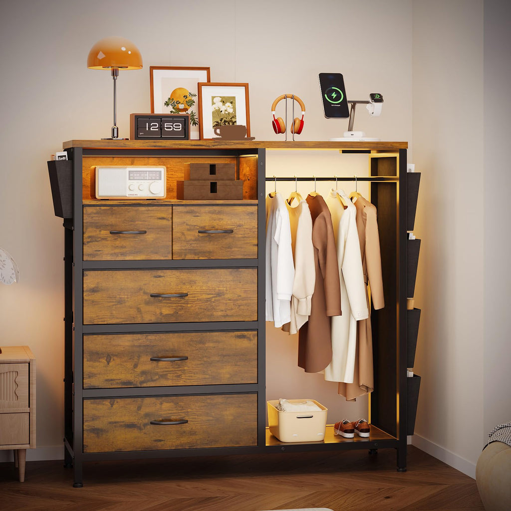 Dresser with Clothes Rack, 5 Drawer Chest with Charging Station & LED