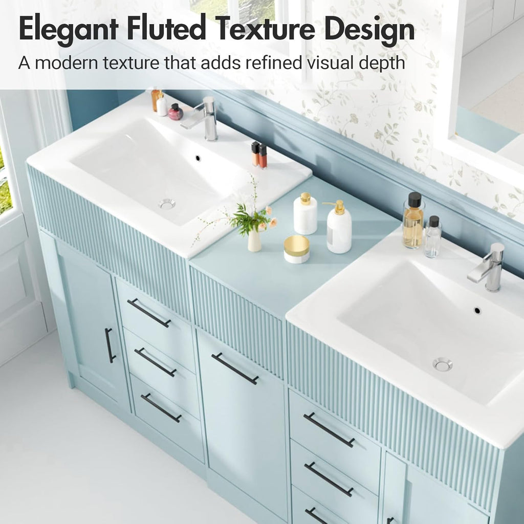 60 Inch Bathroom Vanity with Double-Sink, Freestanding Modern Bathroom Vanity Cabinet with Ceramic Basin