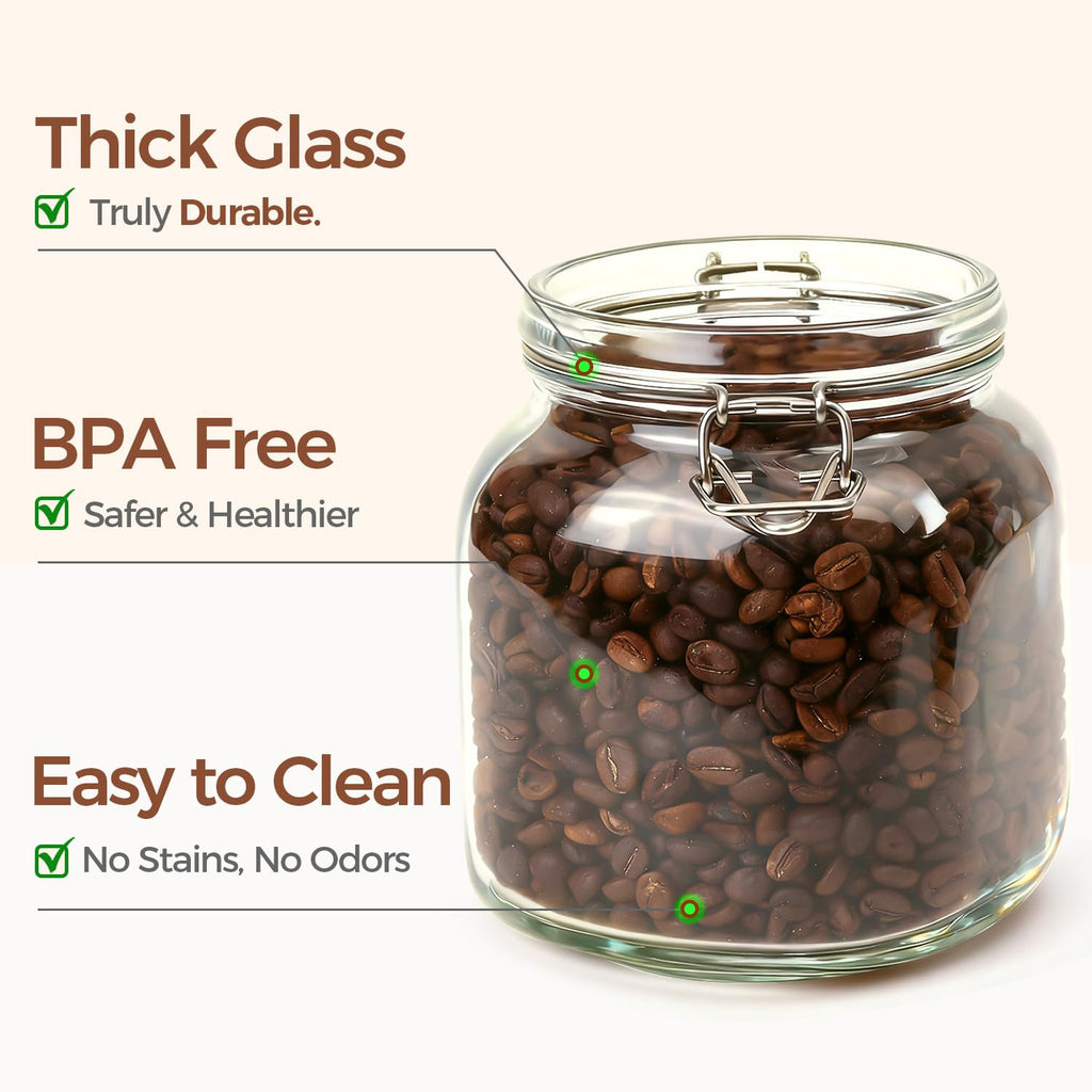 Square Glass Pantry Jars with Airtight Lids 34 oz 3 Pack Coffee