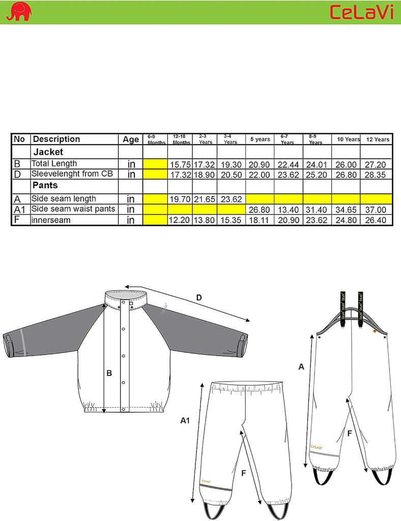 European Kids Rain, Mud and Snow Suit for Boys Girls with Detachable Hood, Waterproof 2 Pcs Rain Set or Onepiece