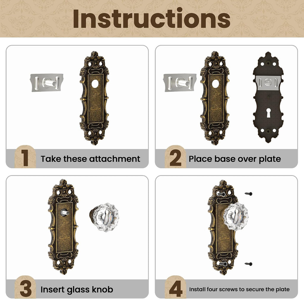 2 Pack Crystal Glass Dummy Door Knobs Interior, Antique Brass Bronze