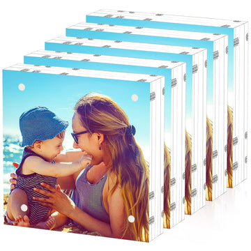5 Pack 8x8 Acrylic Picture Frames, 24mm Thicker Square Frameless Clear Frame Double Sided Magnetic Frame, Free
