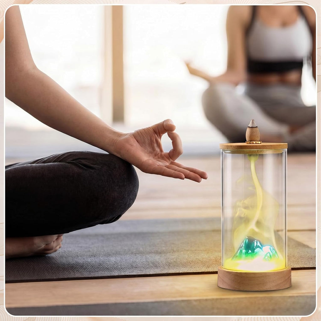Glowing Backflow Incense Cone Burner with LED Lights Waterfall Incense Burner Holder Glass and Bamboo