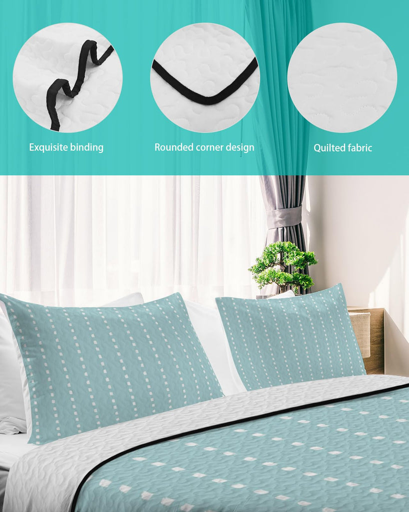 Ticking Quilt Set 3 Pieces Quilted Bedspread- Soft, Light Airy Mint Blue Lightweight Quilt with 2 Pillow