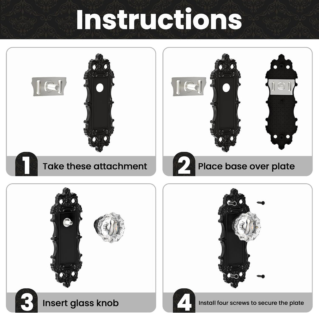 2 Pack Antique Crystal Glass Dummy Door Knobs Interior, Matte Black
