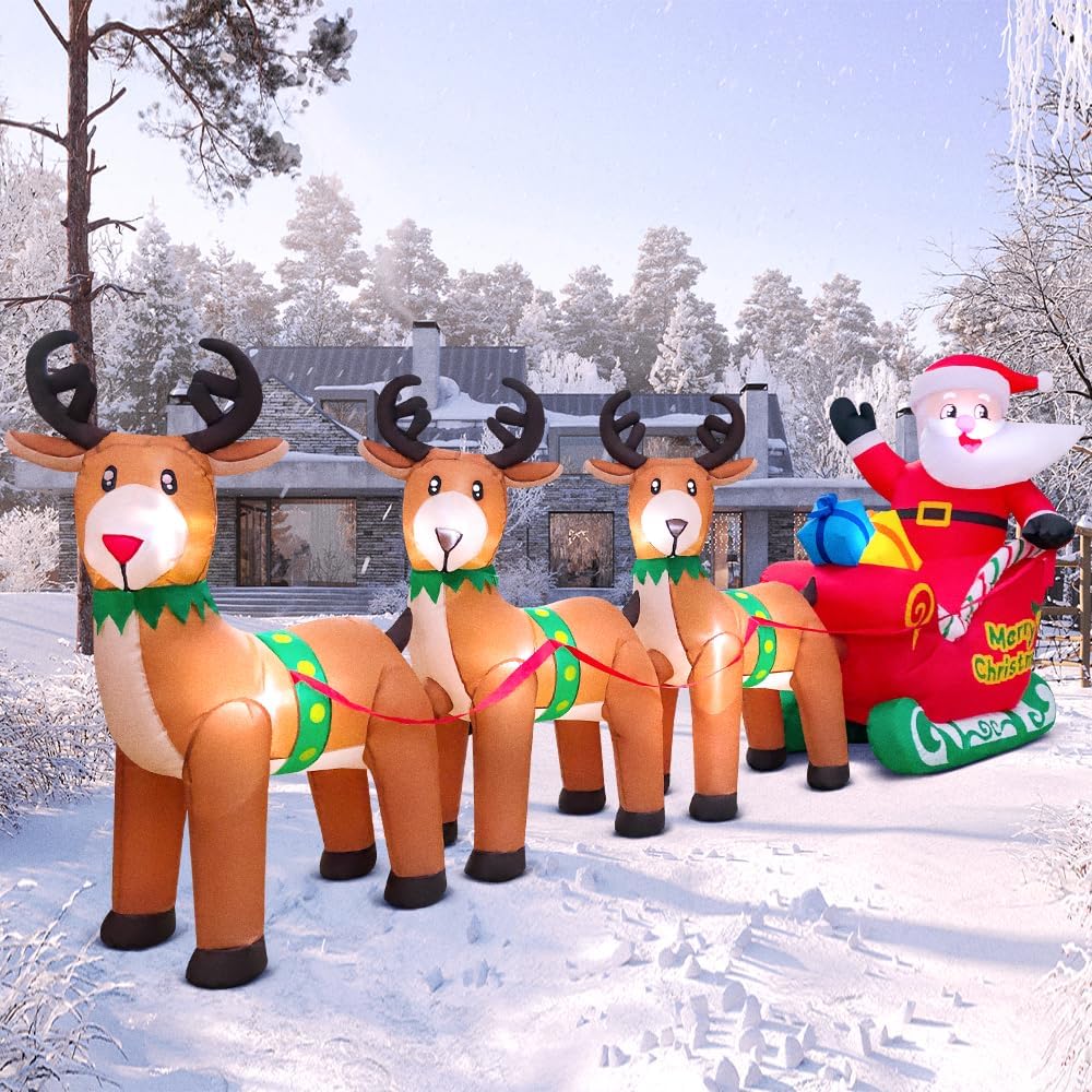 12FT Christmas Inflatables Santa Claus on Sleigh with Reindeer Deer Merry Christmas Winter Blow up Yard Décor LED
