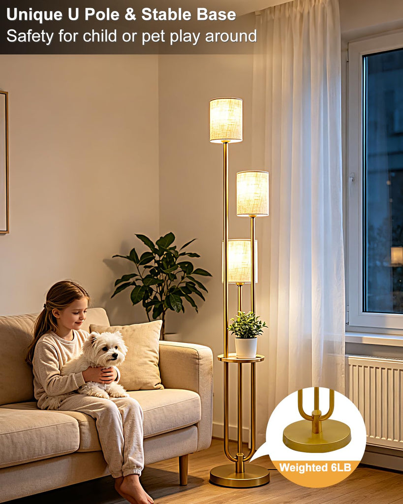 Dimmable Floor Lamp 3-Light Modern Floor Lamps with Table 3000K Warmwhite Gold Standing Lamp with 5Lbs Heavy Base
